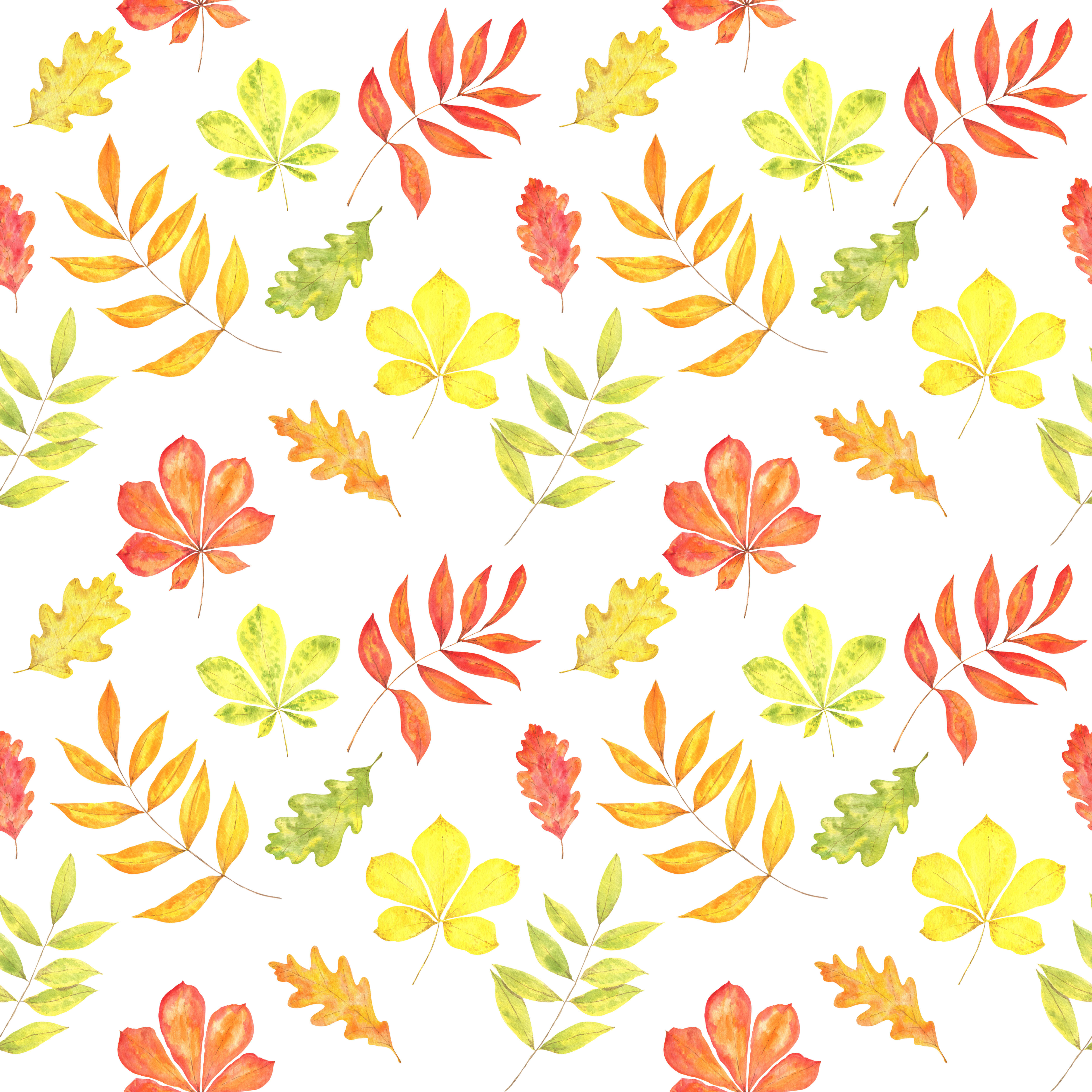 Watercolor autumn seamless pattern with oak, chestnut, ashberry leaves ...