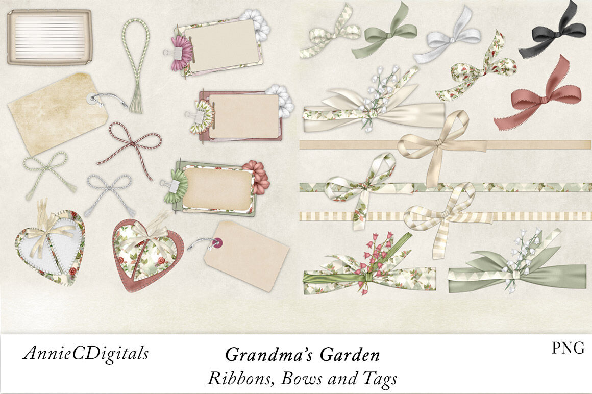 Download Ribbons Bows And Tags Neutral Color Ribbons Grandmas Garden By Anniecdigitals Thehungryjpeg Com