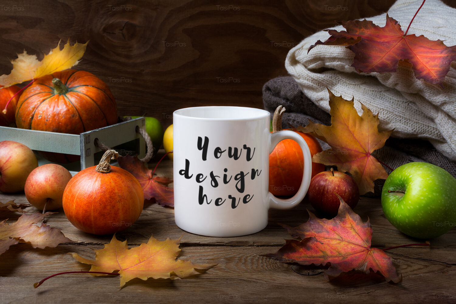 Download White coffee mug mockup with fall leaves, pumpkins By TasiPas | TheHungryJPEG.com