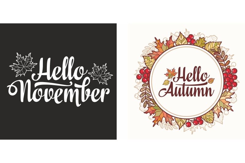 Hello November Lettering Phrase Text Autumn Leaves Frame By Zoya Miller Thehungryjpeg Com