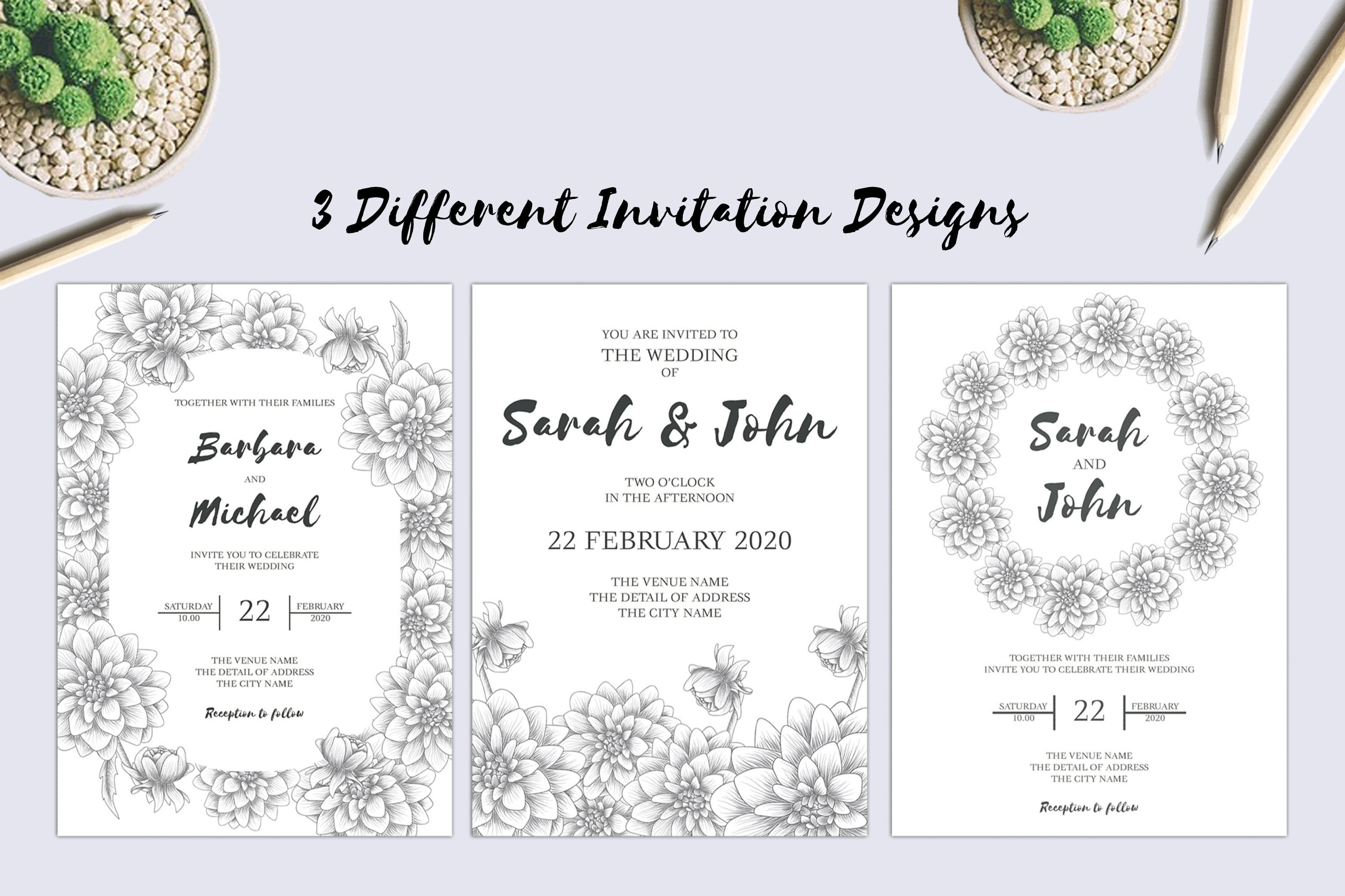 Dahlia Sketch Flower Wedding Invitation Bundle By Elsabenaa Thehungryjpeg Com