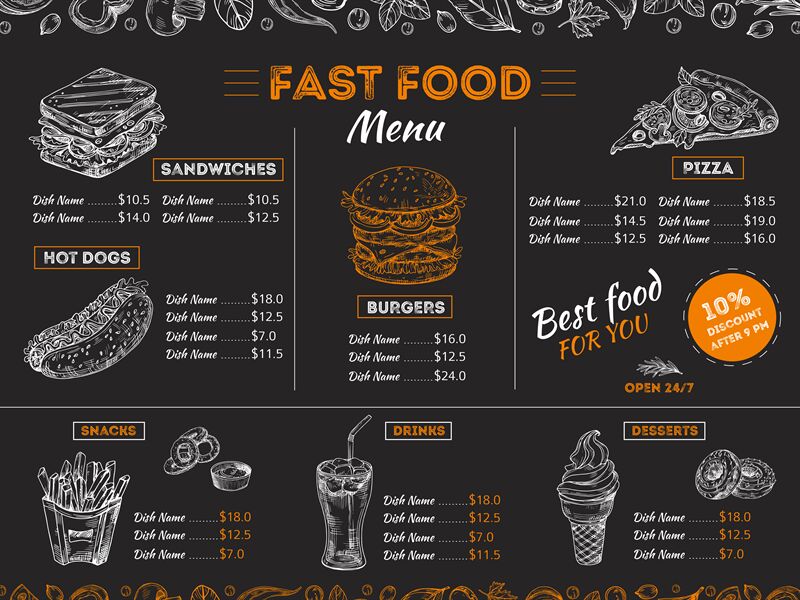 Fast food menu. Sketch sandwich burger, pizza snacks vintage design on ...