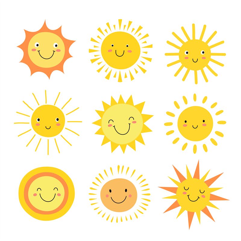 Sun emoji. Funny summer sunshine, sun baby happy morning emoticons. Ca ...