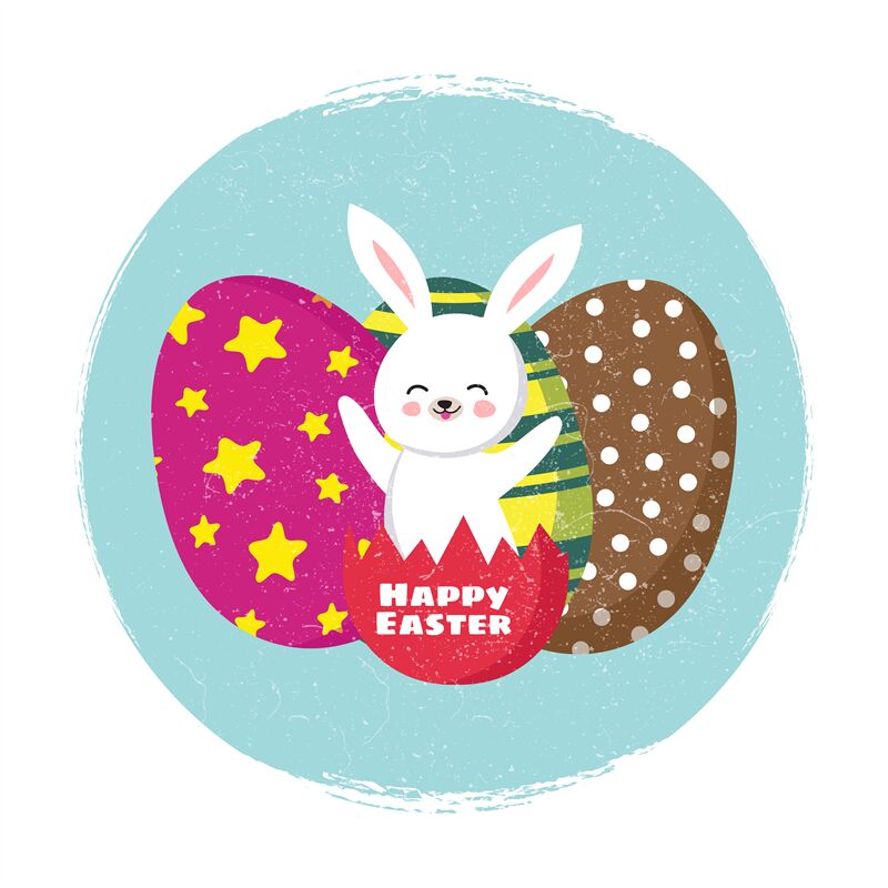 Happy easter card vector template with cartoon bunny and coloring eggs ...