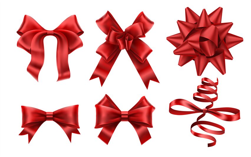Realistic red bows. Decorative xmas gift ribbon bow, christmas or