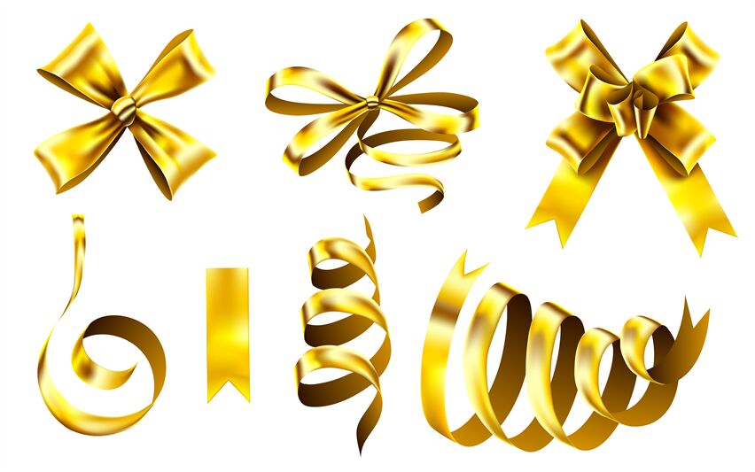 Realistic gold bows. Decorative golden favor ribbon, christmas