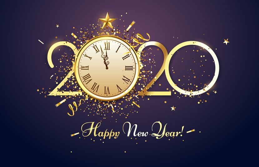 Happy 2020 New Year. Party countdown clock with golden sparks confetti