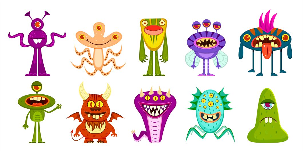 Monsters. Cute goblins and gremlins, scary aliens. Halloween funny tro ...