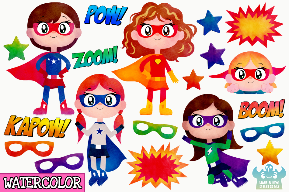 Superhero Girls 2 Watercolor Clipart Instant Download By Lime And Kiwi Designs Thehungryjpeg Com