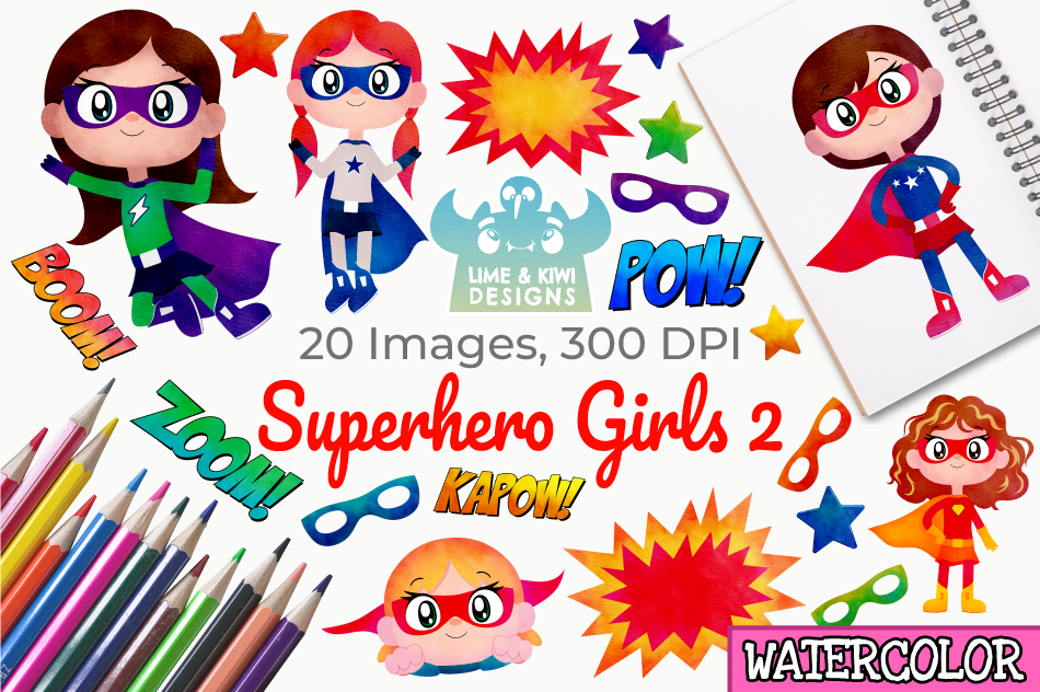 Superhero Girls 2 Watercolor Clipart Instant Download By Lime And Kiwi Designs Thehungryjpeg Com