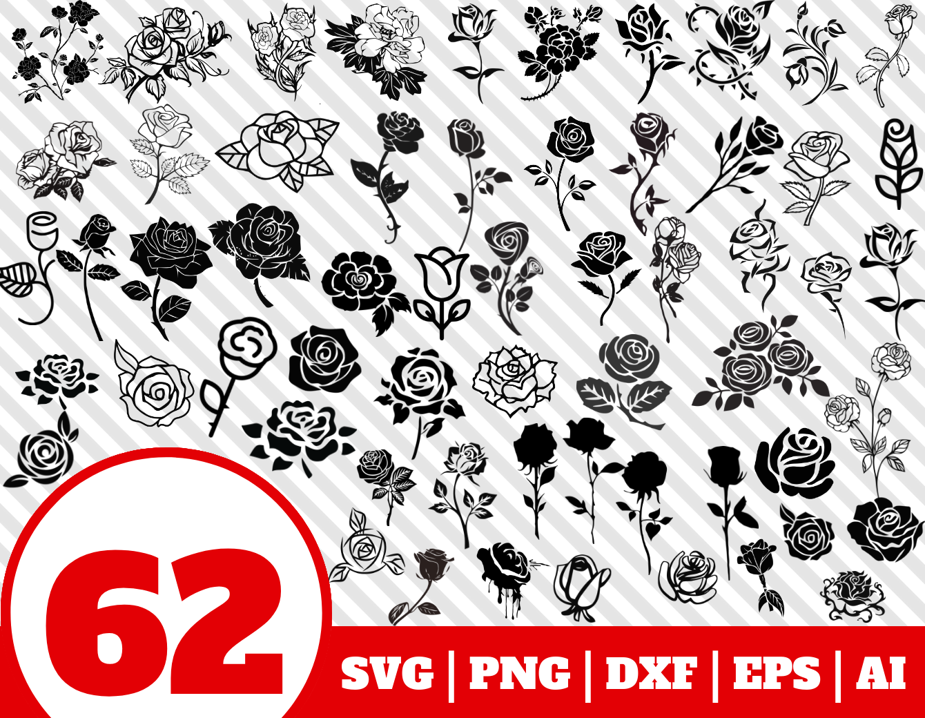 62 ROSE SVG BUNDLE - rose clipart - rose vector - flowers cricut By