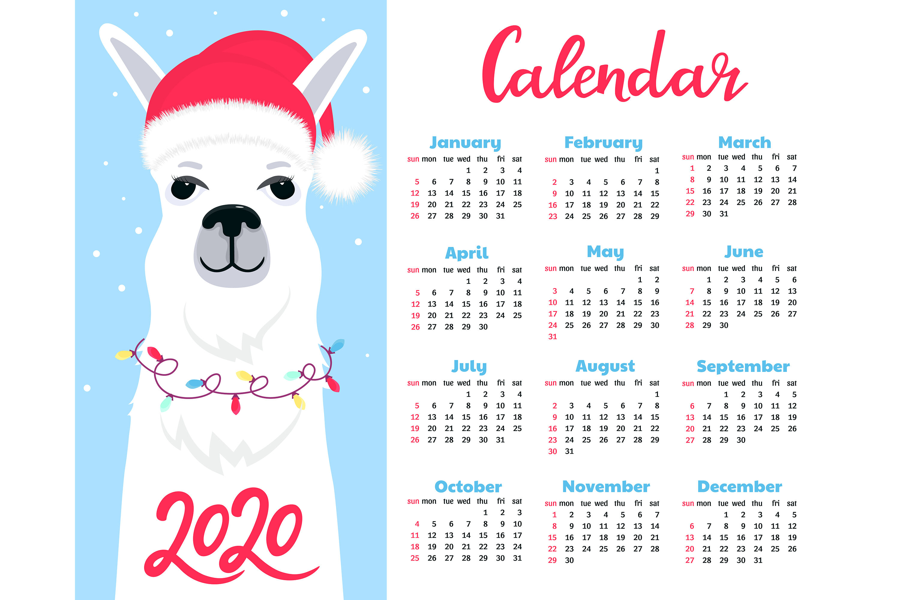 Cute llama. Calendar for 2020, weekly planner, to do list. By LiluArt