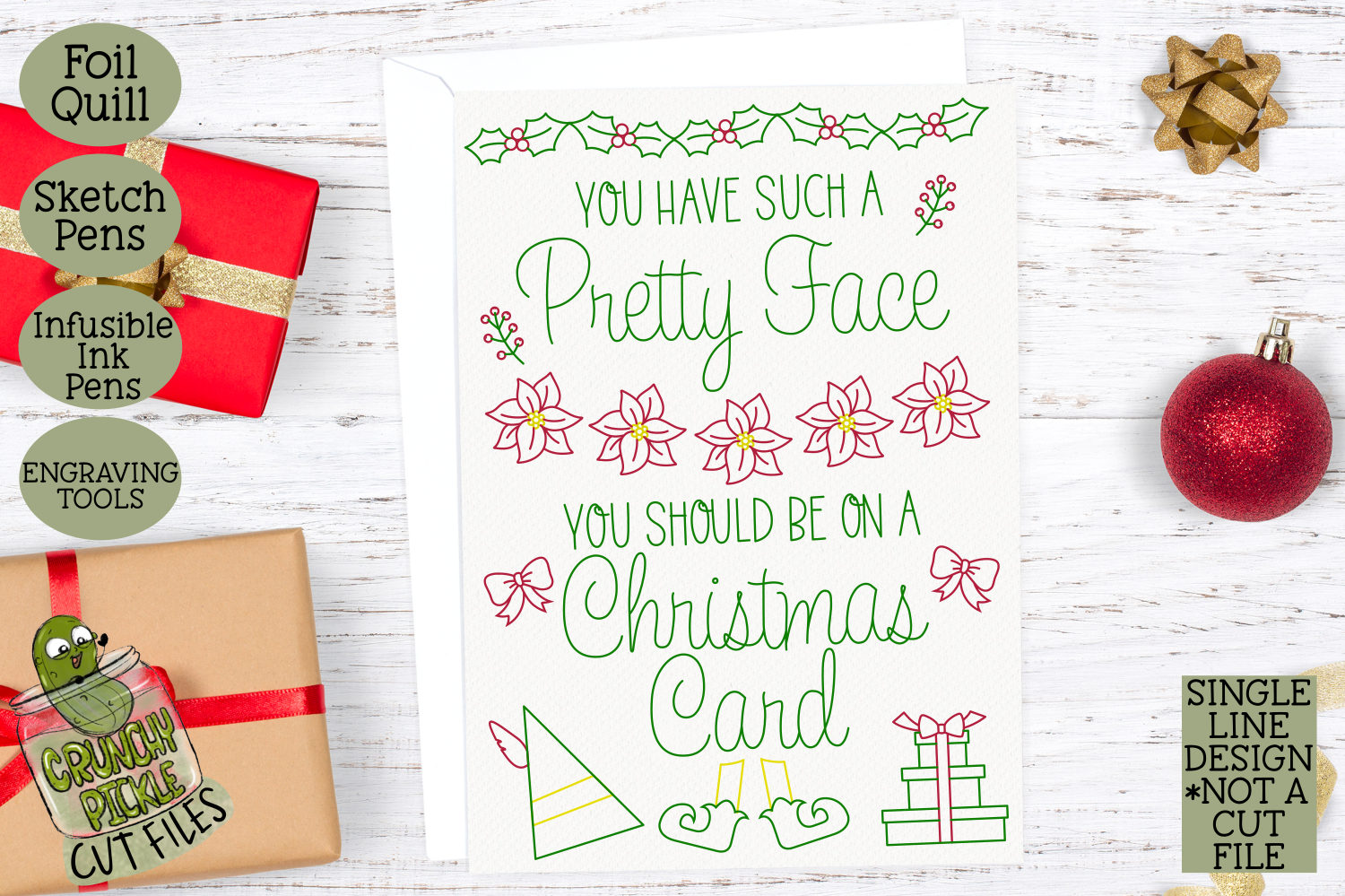 Foil Quill Christmas Card Pretty Face Elf Quote By Crunchy Pickle Thehungryjpeg Com