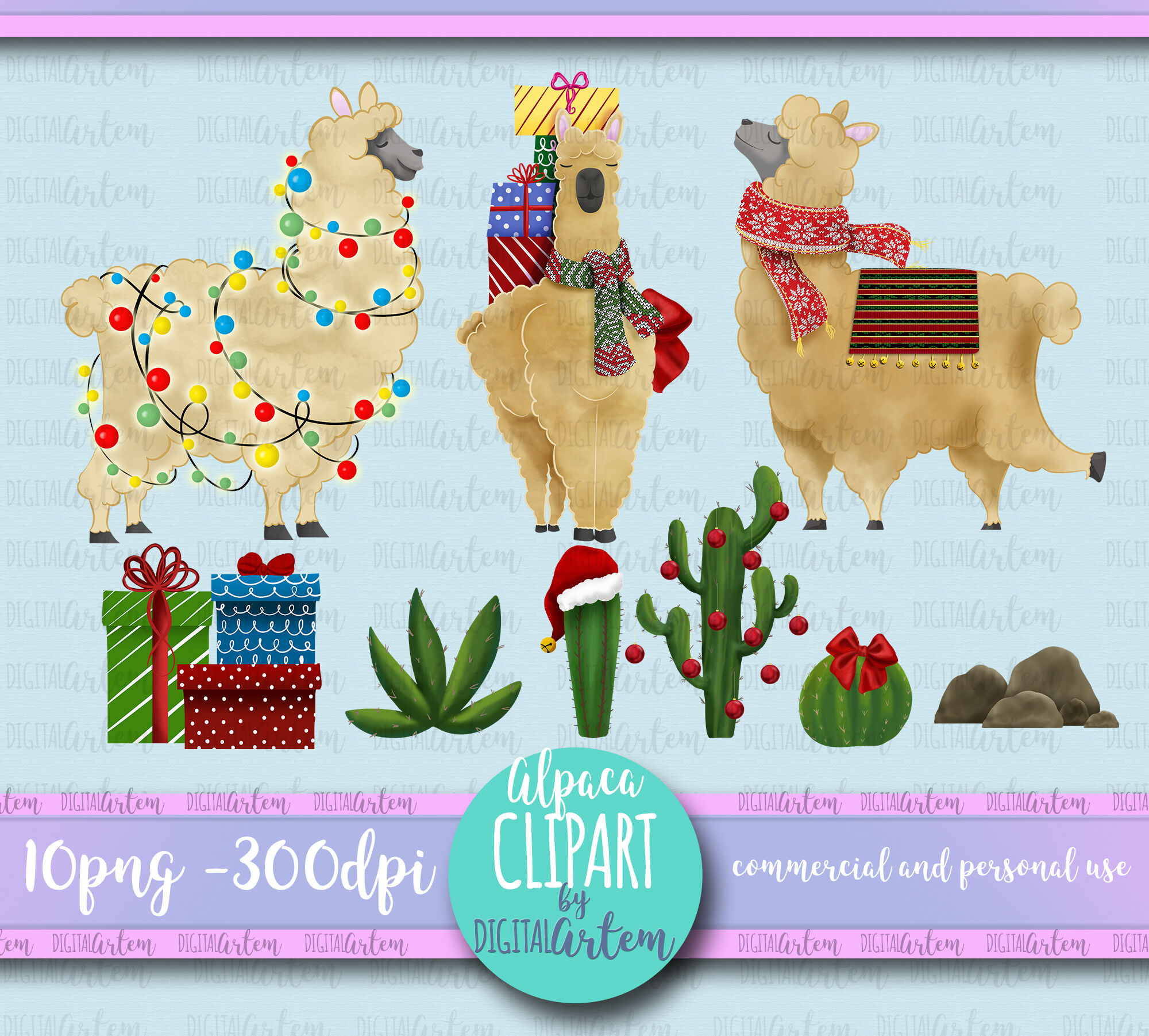 Christmas Alpaca/Llama Clip art set By DigitalArtem | TheHungryJPEG.com