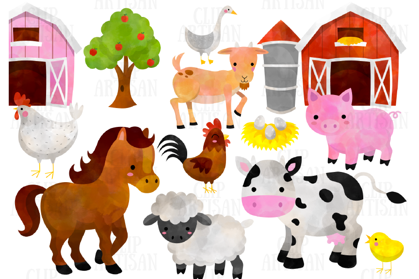 Watercolor Farm Animals Clipart, Watercolor Horse, Chicken, Pig, Cow By  ClipArtisan | TheHungryJPEG