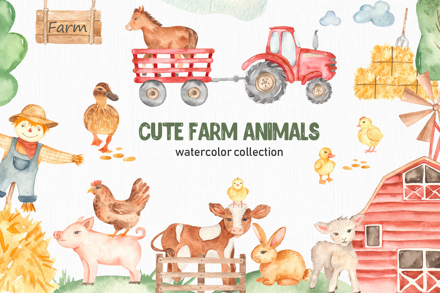 Download Cute Farm Animals Watercolor Collection Clipart By Marina Ermakova Thehungryjpeg Com