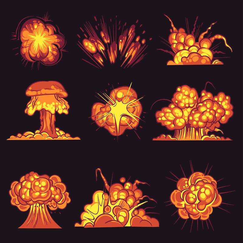 Cartoon explosions. Bomb explosion, fire bang with smoke effect