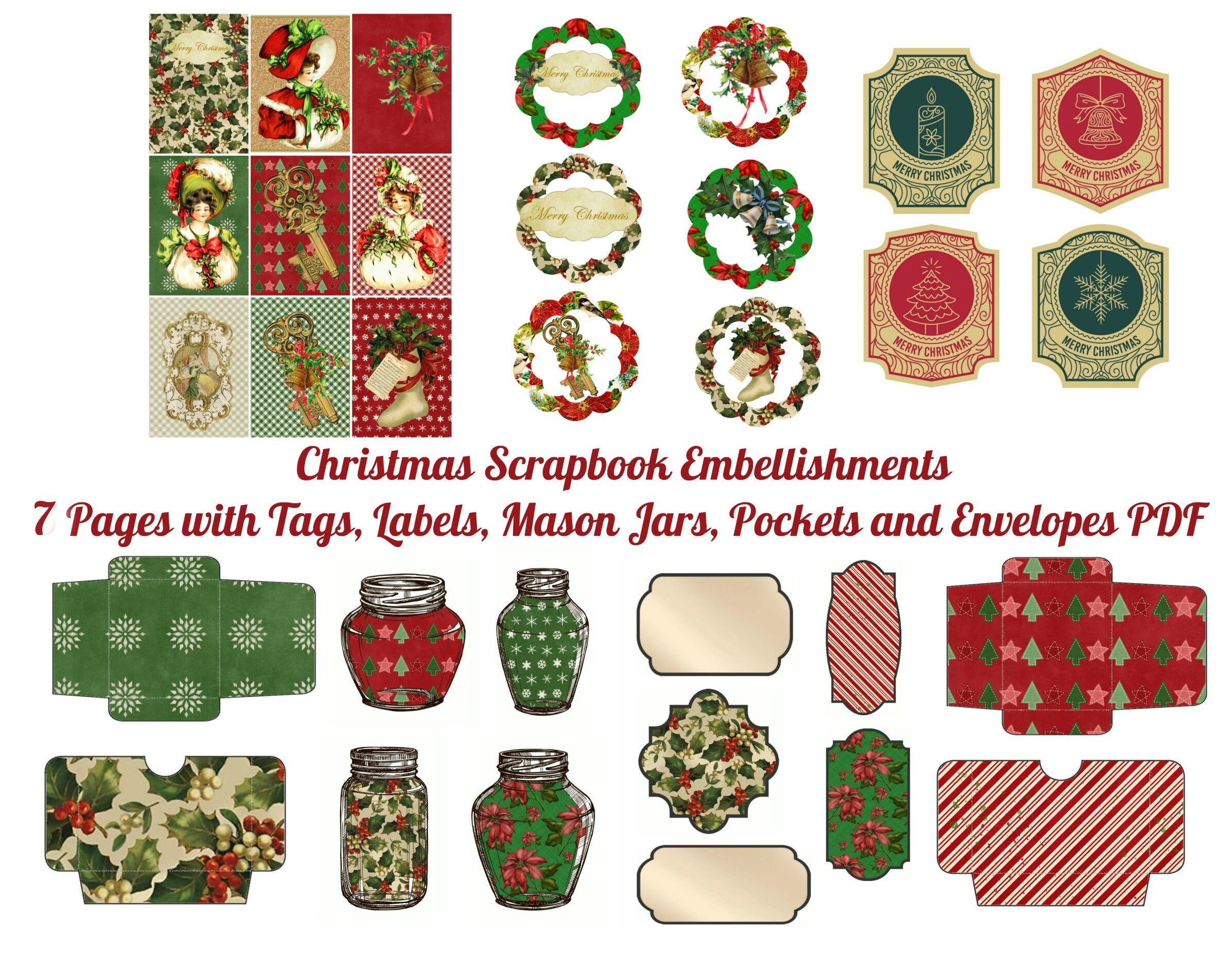 7 Christmas Scrapbook Embellishments Printable Pages Bundle By Scrapbook  Attic Studio