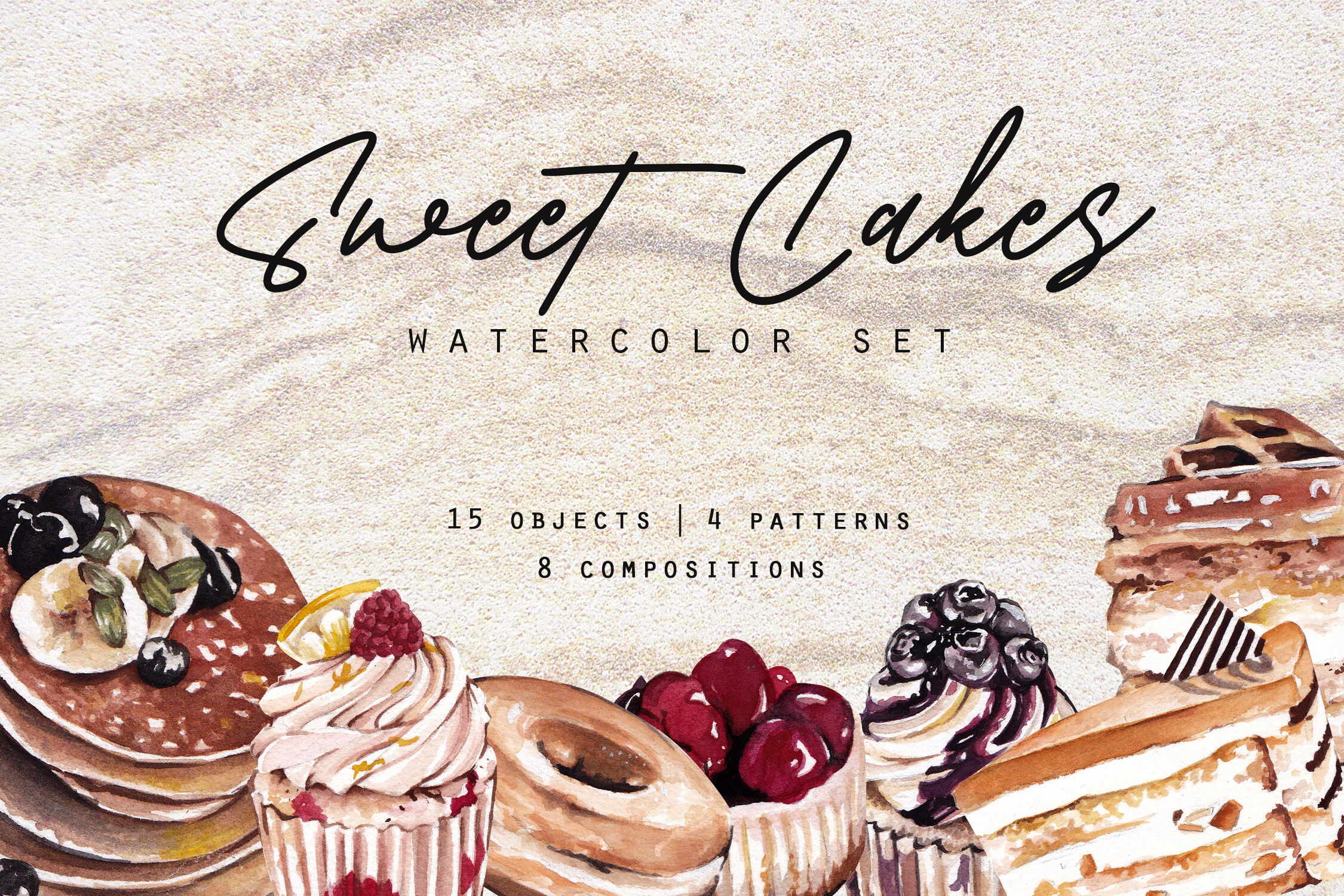 Sweet Cakes Watercolor And Pattern By Typia Nesia Thehungryjpeg Com