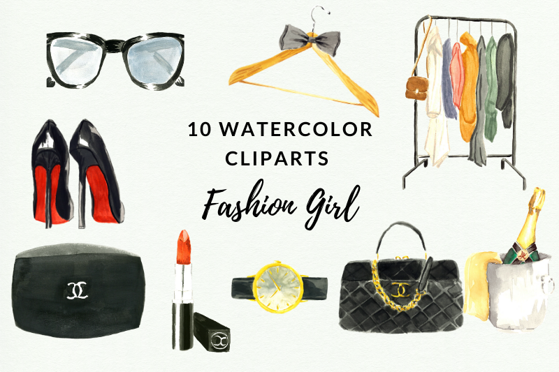Watercolor Fashion Cliparts, Chanel Clipart, Champagne Glass By
