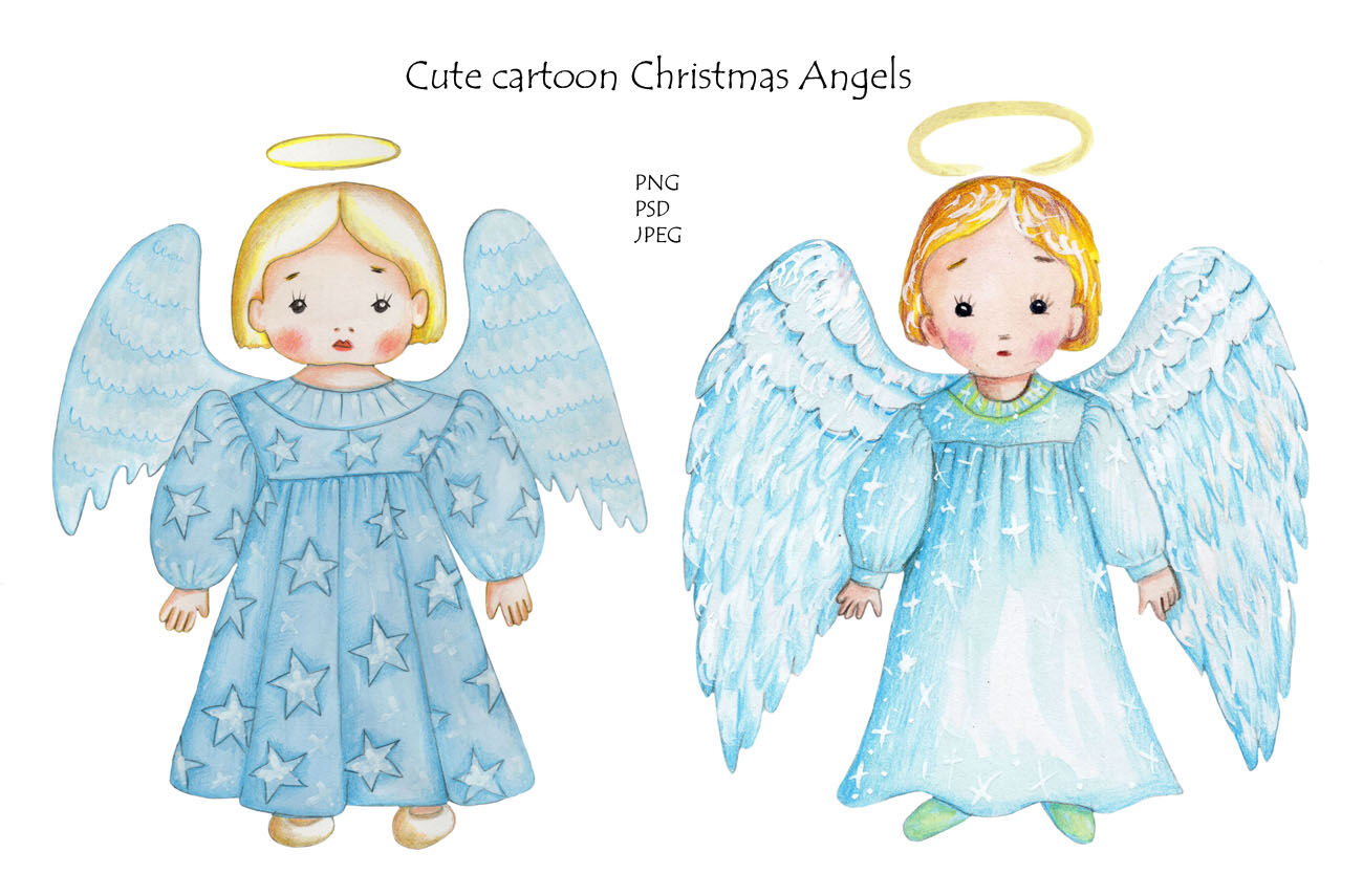 Watercolor cartoon Christmas Angels By Teddy Bears and their friends |  TheHungryJPEG