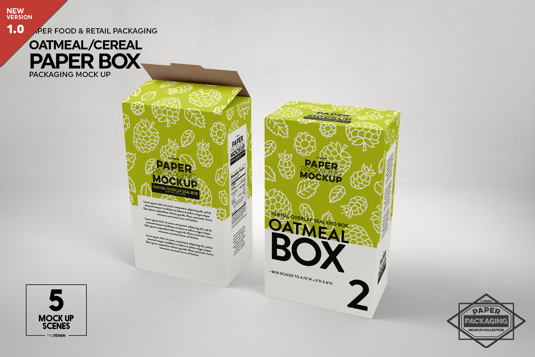 Paper Oatmeal/Cereal Box Packaging Mockup By INC Design Studio