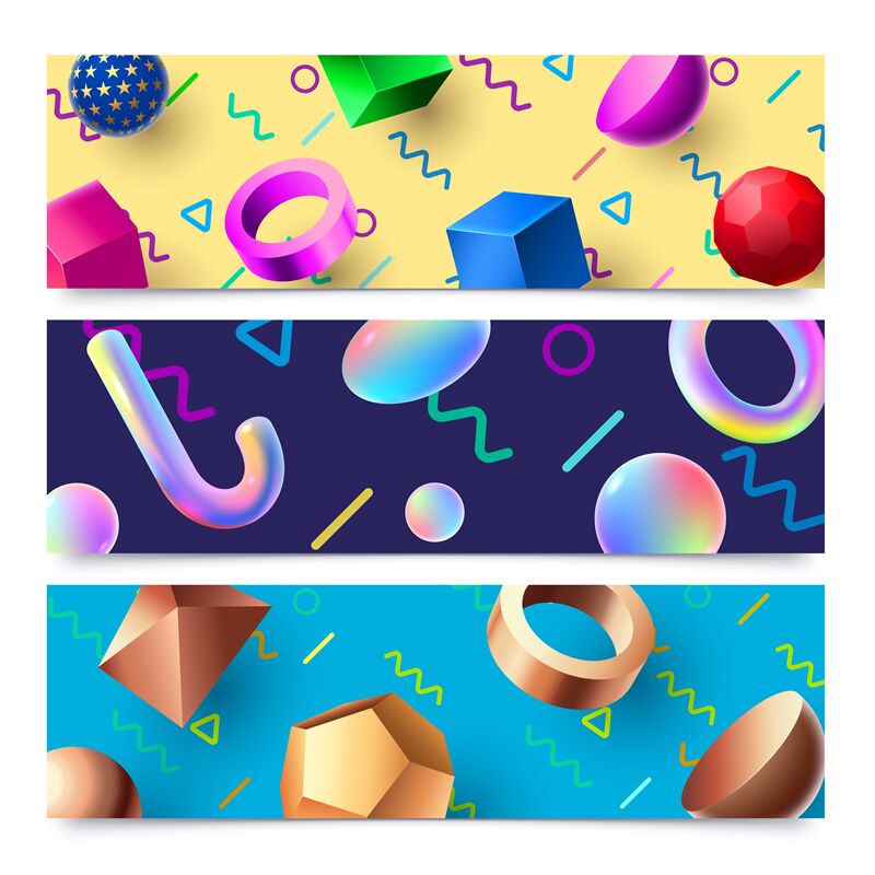 Abstract 3d Geometric Shapes Banners Colorful 80s Holographic 3d Obje By Tartila Thehungryjpeg Com