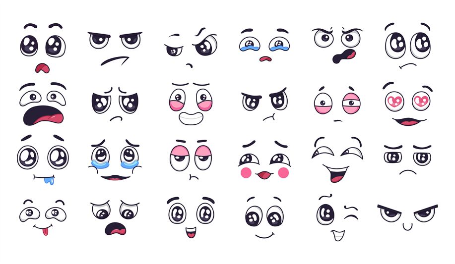 Funny cartoon faces. Face expressions, happy and sad mood. Laughing to