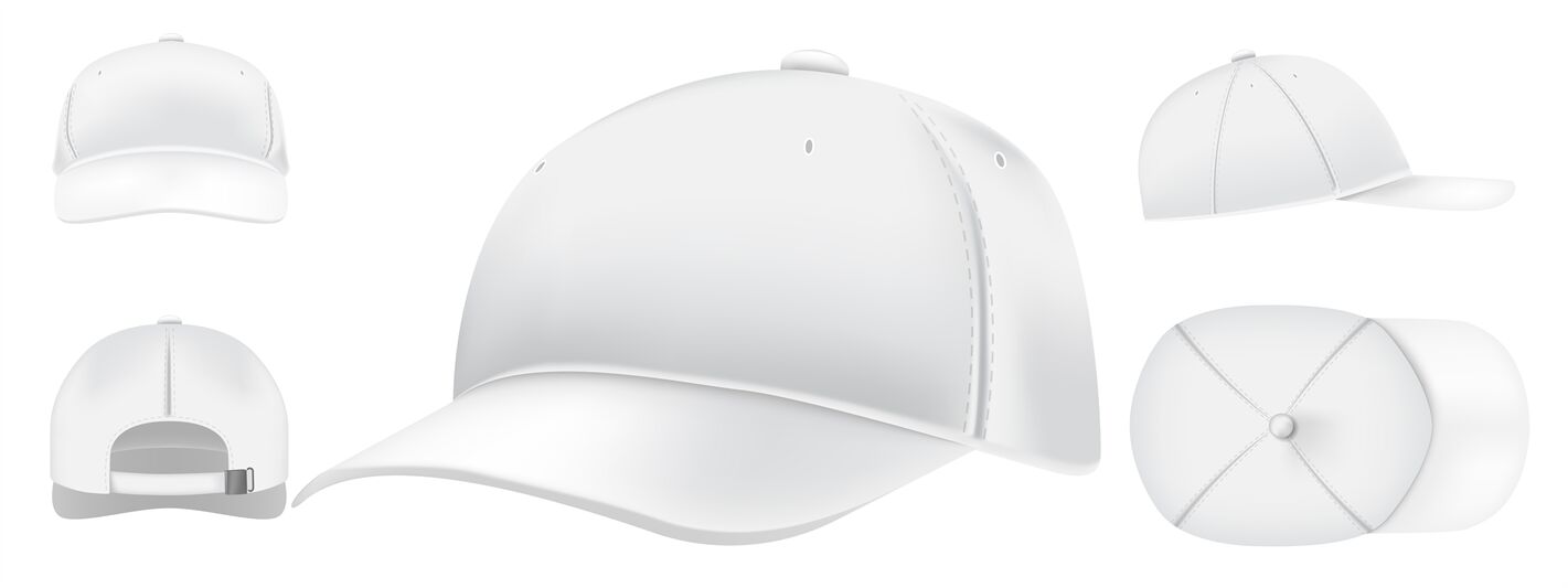 Download White cap mockup. Sport caps top view, baseball hat and ...