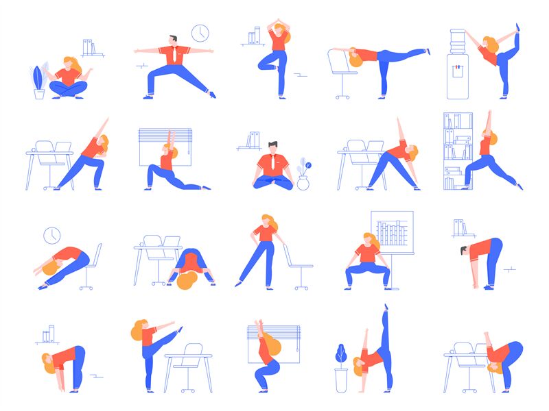 Office yoga exercises. Fitness and yoga workout for office workers