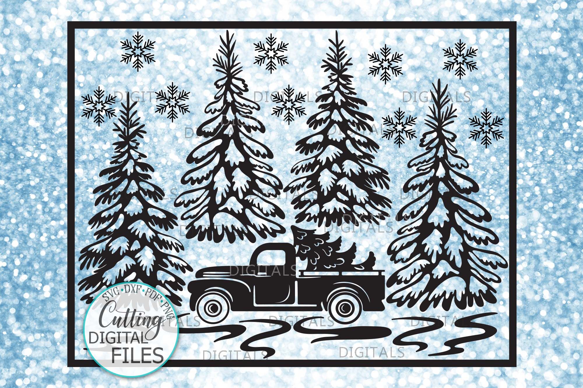 Christmas Truck With Trees Winter Scene Glass Block Sign Svg Pdf Desig By Kartcreation Thehungryjpeg Com