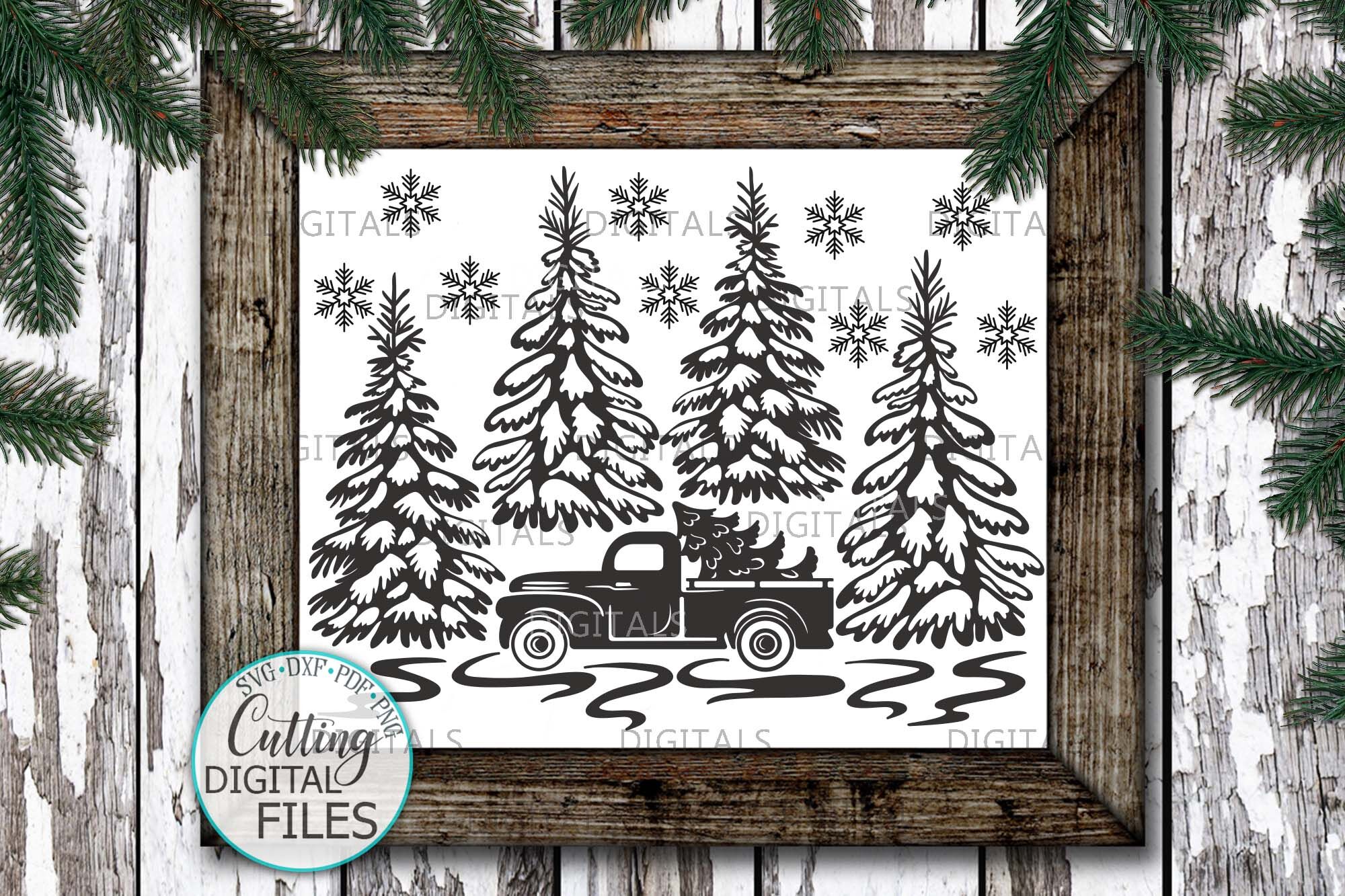 Christmas Truck with Trees Winter scene glass block sign svg pdf desig