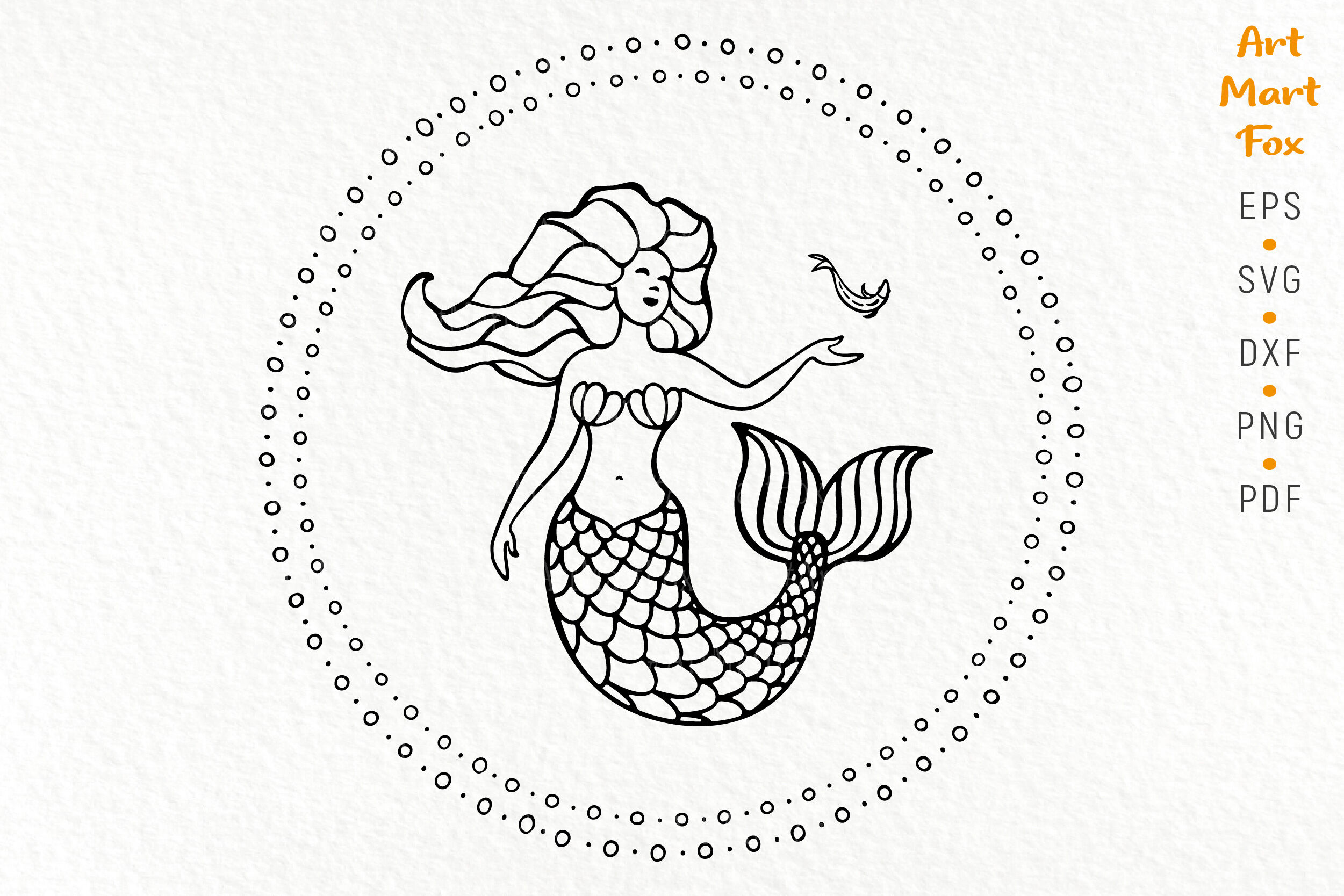 Singing mermaid with a fish, cut template. Linear contour and silhouet