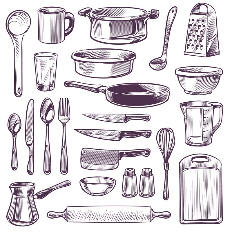 Kitchen utensils. Sketch cooking tools. Pan, knife and fork, spoon and