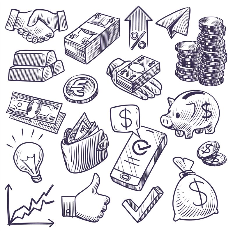 Money And Banking Sketch Dollar Banknotes And Coins Piggy Bank And B By Yummybuum Thehungryjpeg Com