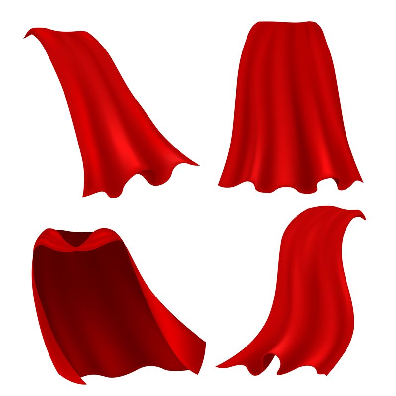 Red cape. Realistic draped scarlet cloak front, side and back view, si ...