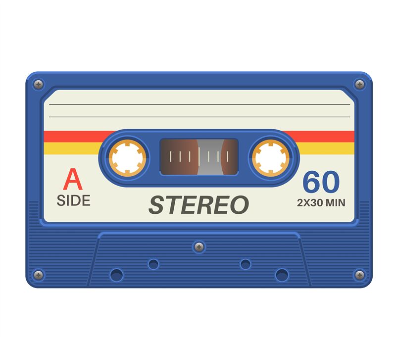 Stereo cassette. Retro audio tape with music record for vintage poster By  YummyBuum