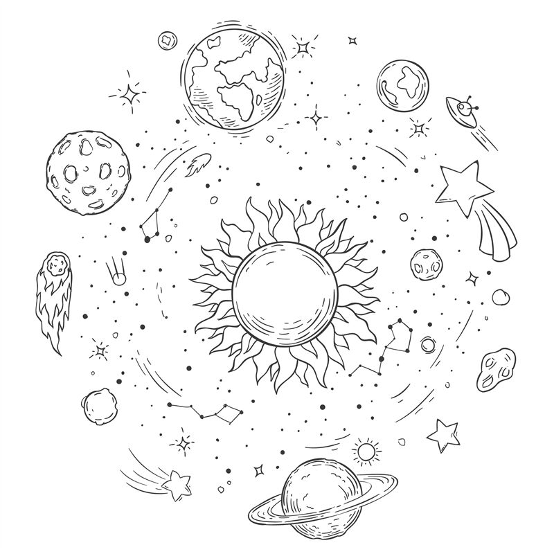 Doodle solar system. Hand drawn sun, cosmic comet and planet earth vec ...