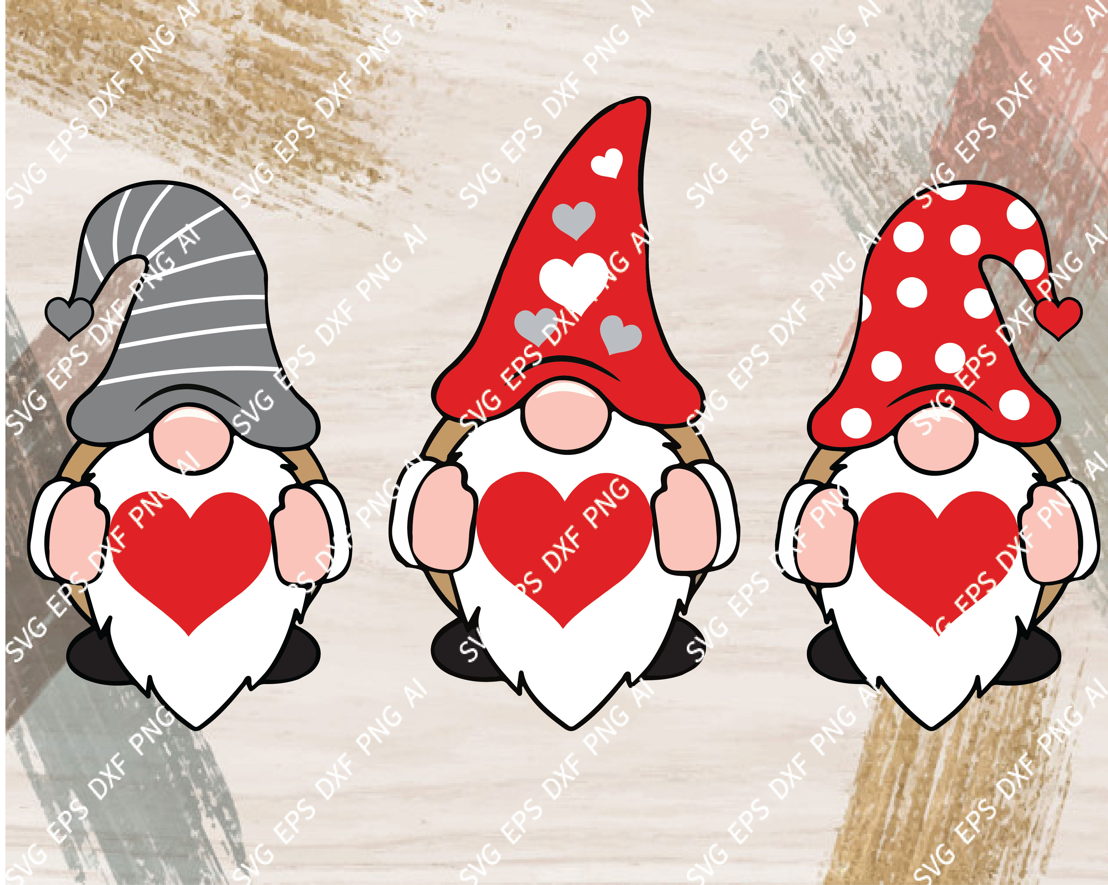 Three Gnomes Holding Hearts Svg, Valentine's Day Svg, Gnomes Svg, Dxf