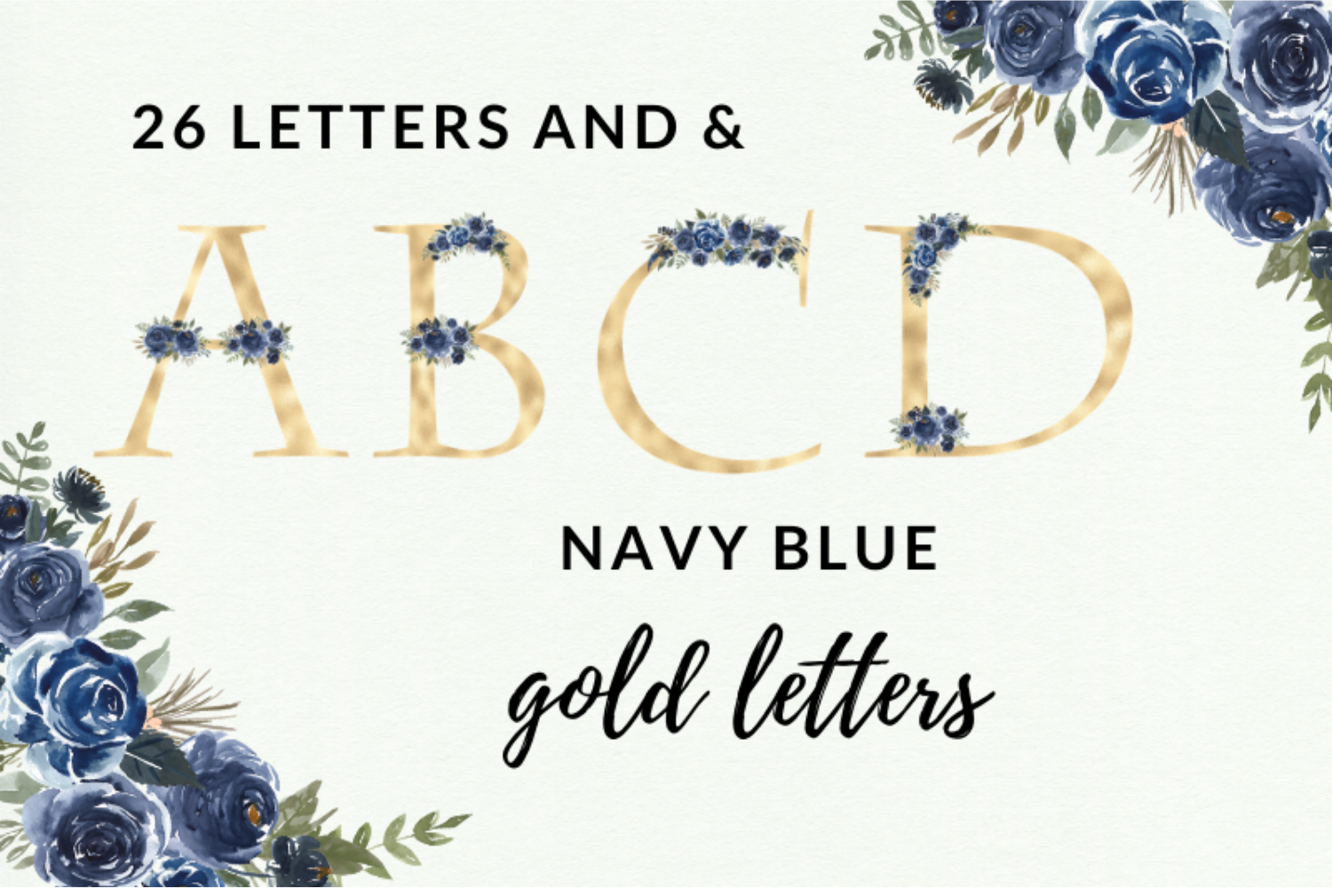 Navy Blue Watercolor Flowers Alphabet Blue Letters By Old Continent Design Thehungryjpeg Com