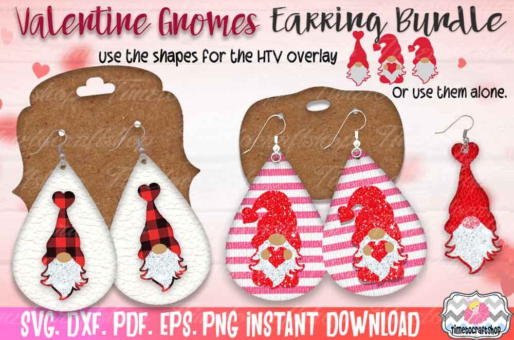 SVG, DXF, PDF, PNG, and EPS Valentine Gnome Earring Template Bundle, By