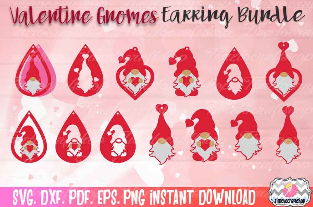 SVG, DXF, PDF, PNG, and EPS Valentine Gnome Earring Template Bundle, By