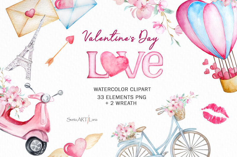 Valentine Clip art Hand drawn Water color Valentines PNG Valentines day digital clipart bundle Love graphics art Sweets and treats