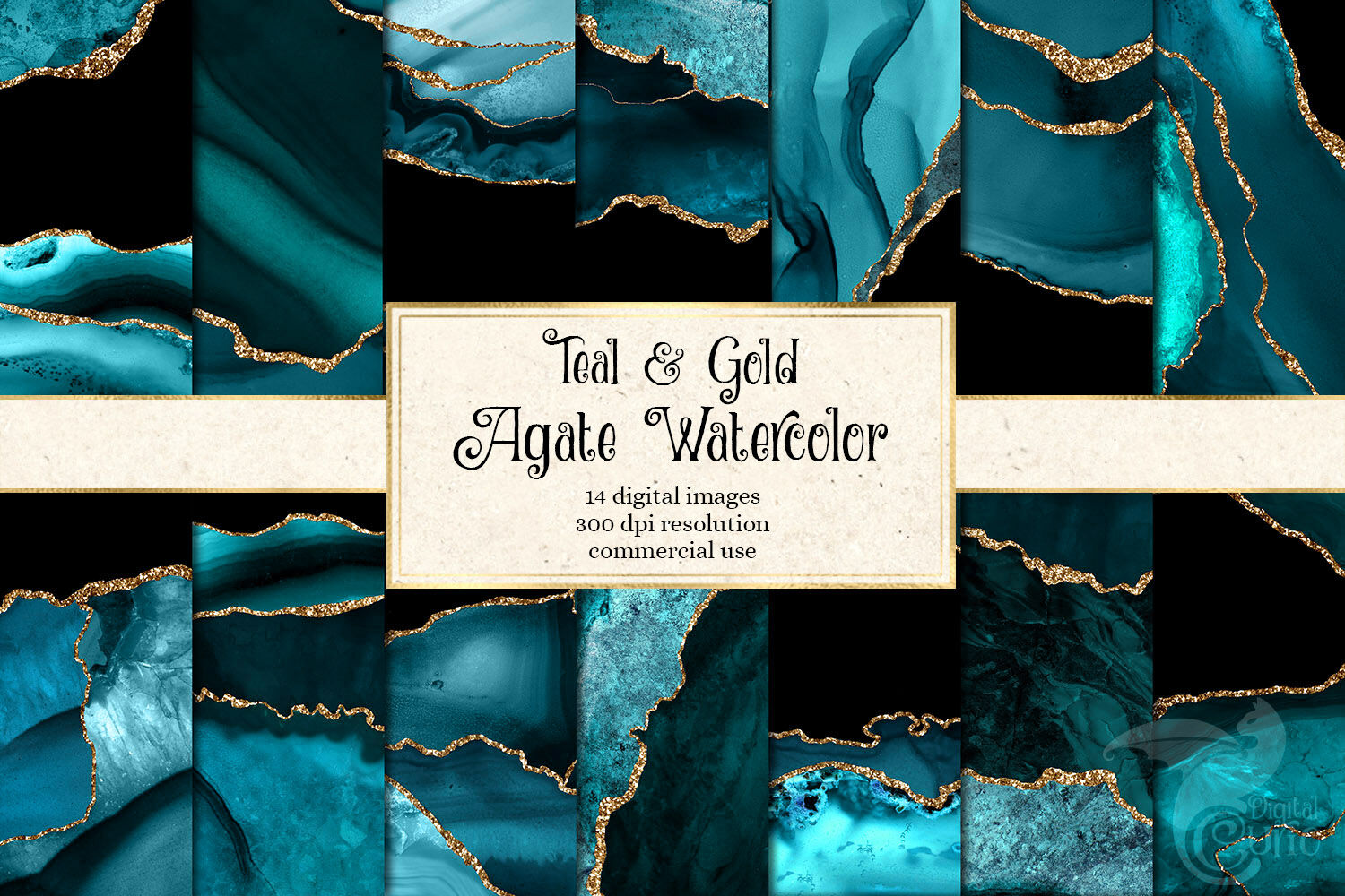Teal and Gold Watercolor Agate Textures By Digital Curio