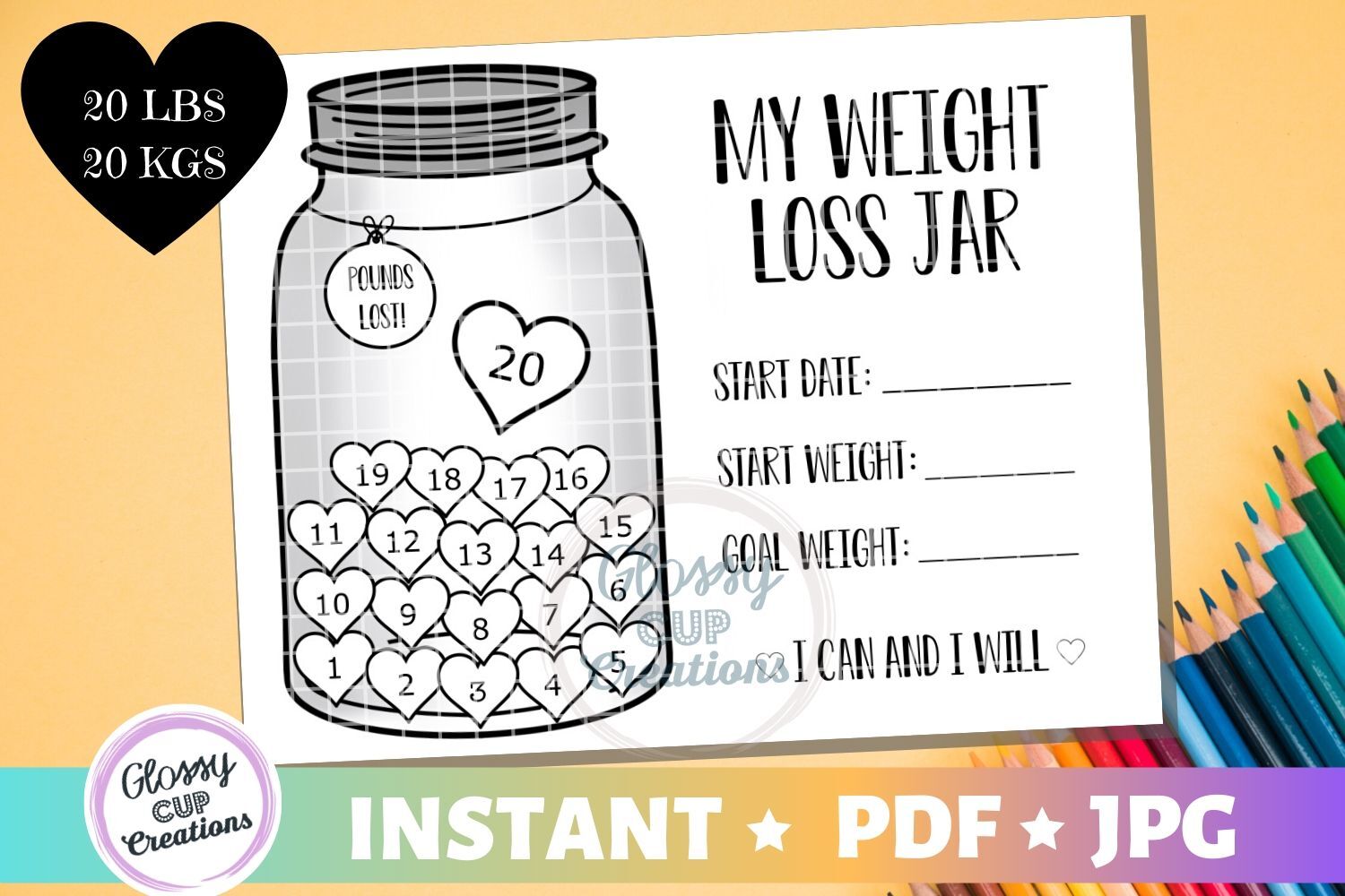 My Weight Loss Jar 20 lbs, JPG, PDF, Printable Coloring Page! By Glossy