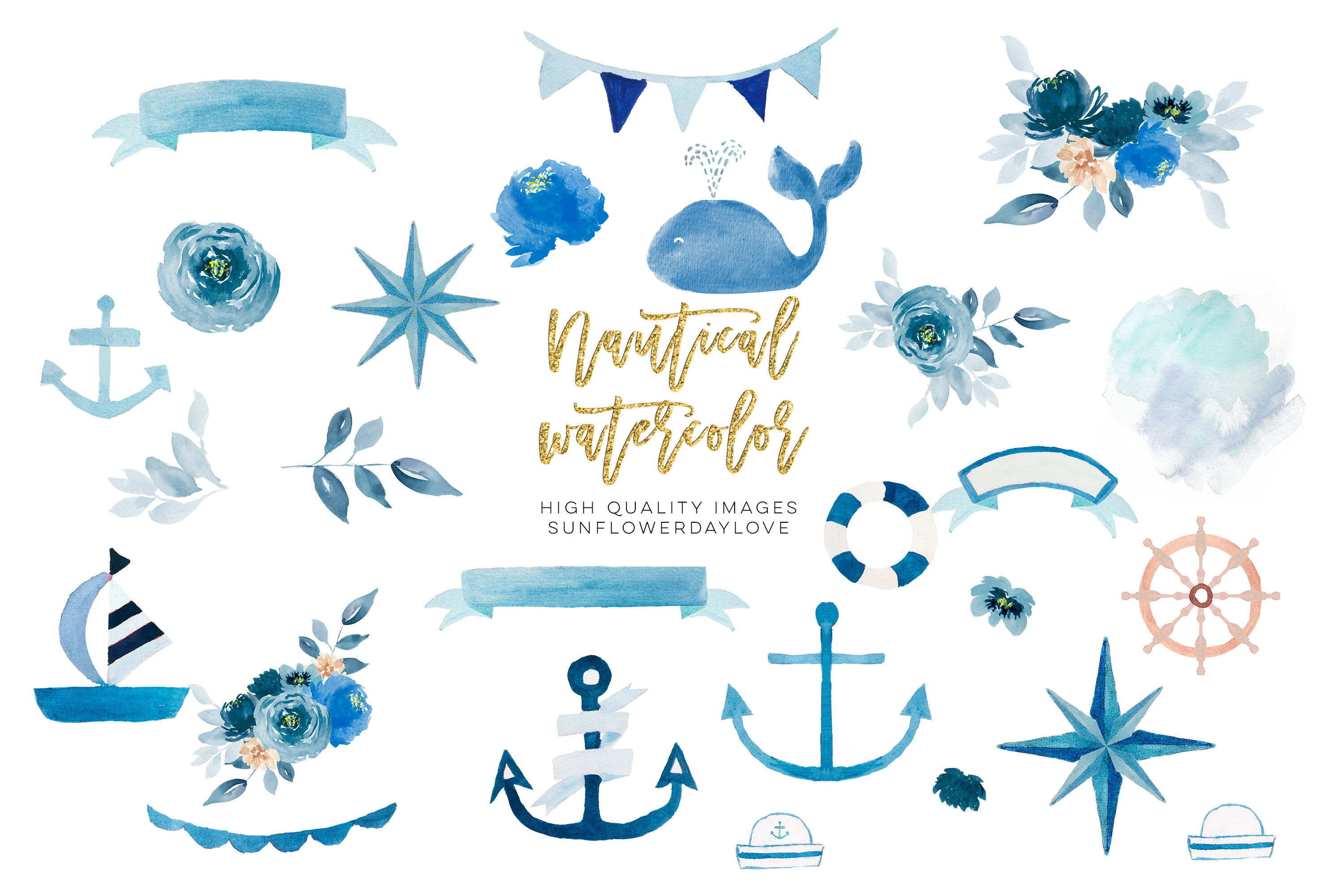 Nautical Watercolor Set Clipart Boat Clip Art Navy Blue Compass By Sunflower Day Love Thehungryjpeg Com