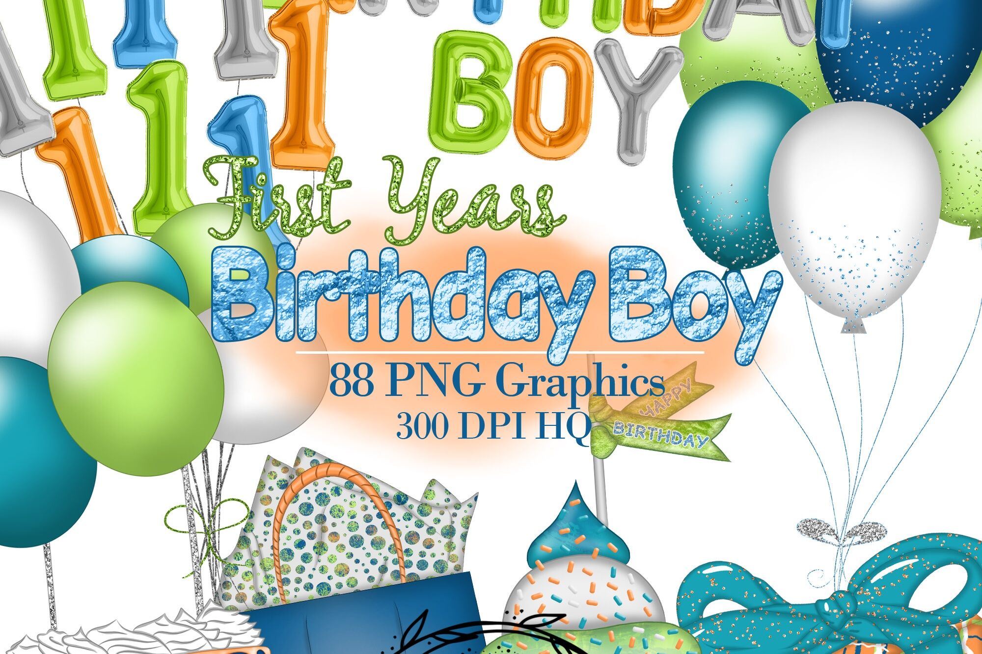 Birthday Boy Clipart, First Years Party Graphics, Foil Balloons By Lu ...