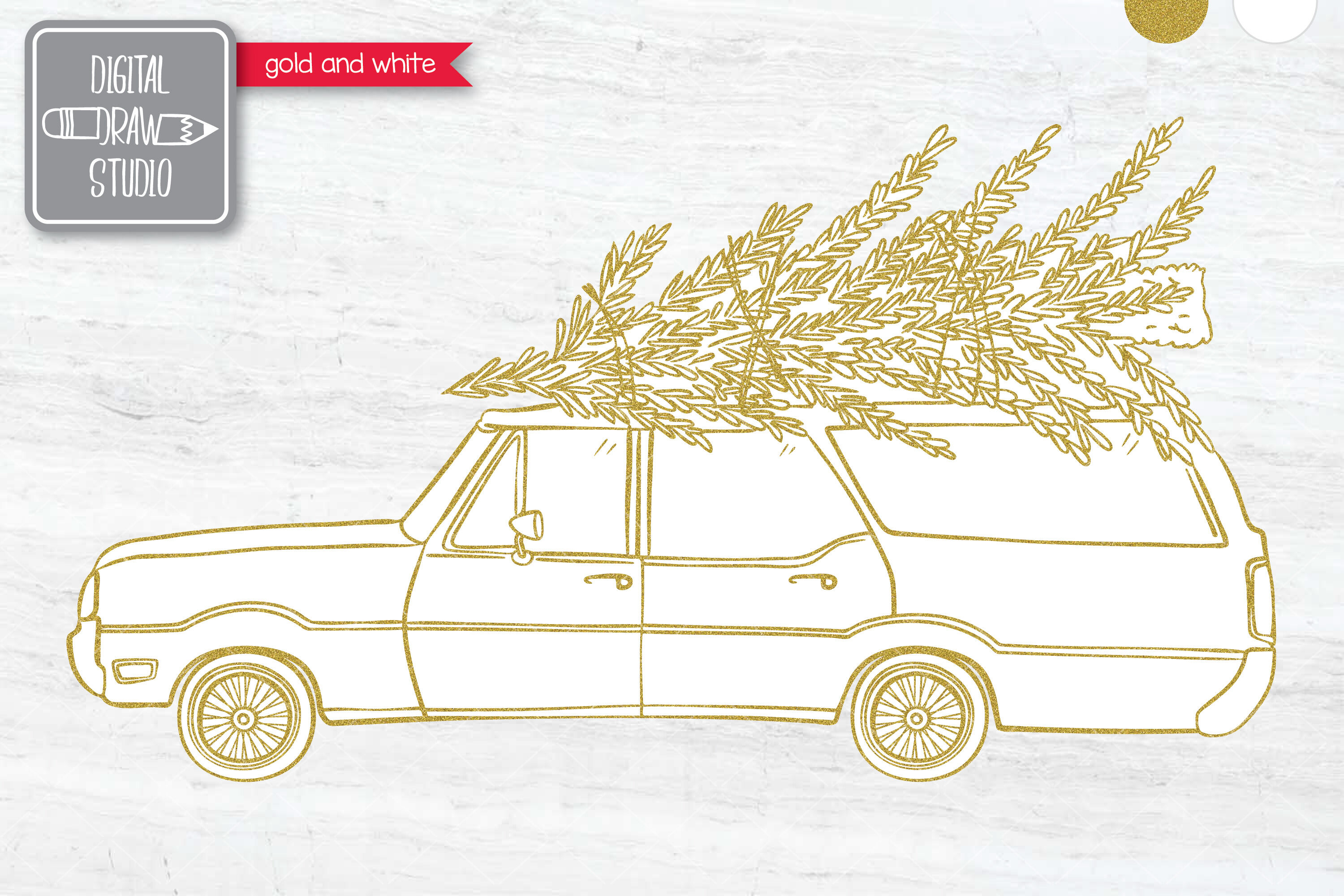 Station Wagon Car With Christmas Tree On Roof Top Holiday By Digital Draw Studio Thehungryjpeg Com