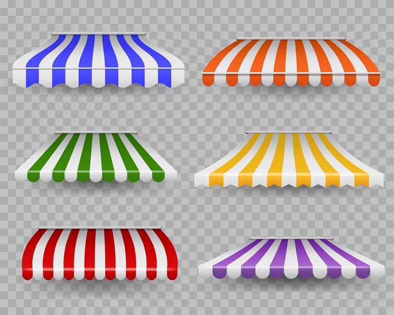 Striped awnings. Colorful outdoor canopy for shop, restaurants and mar ...