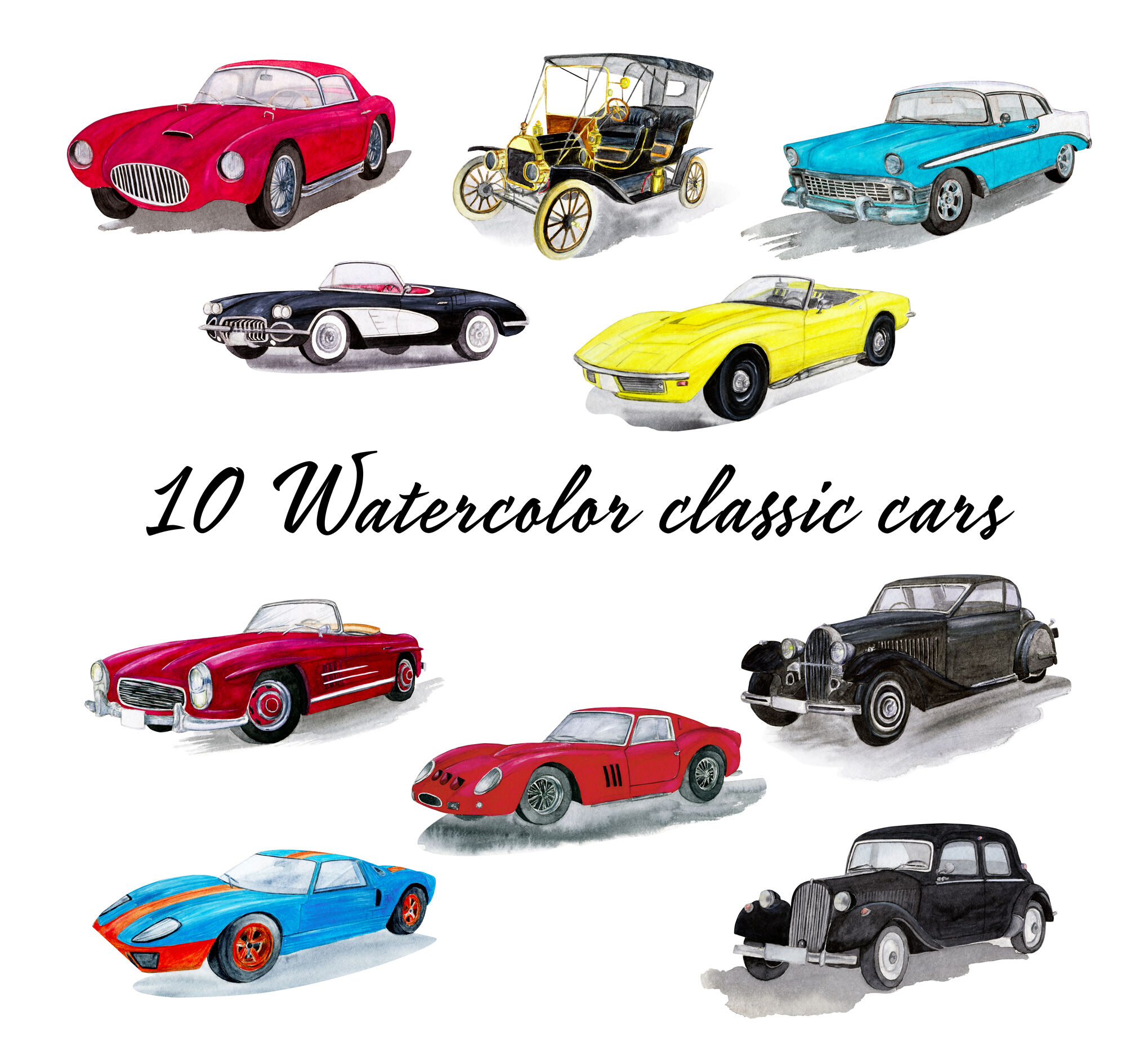 10 Watercolor Classic Cars Clipart By Svetlana Sintcova Thehungryjpeg Com